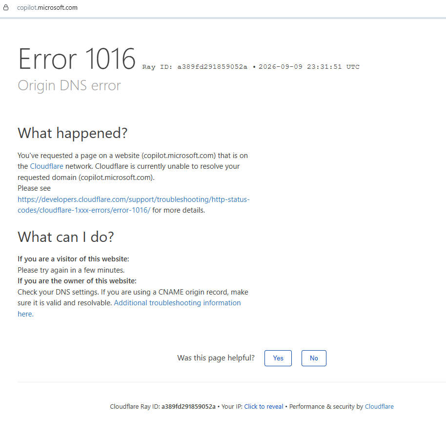 docking's tweet photo. Hey! @Microsoft @MicrosoftHelps @Copilot @Cloudflare  Looks like Copilot is down! #copilot https://t.co/6R5jJ2G7Ur