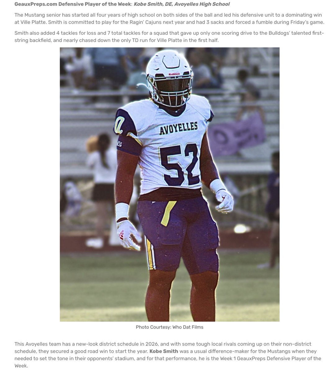 k2_kobesmith's tweet photo. Shoutout @GeauxPrepsLA on naming me defensive player of the week!
@harrisonvapnek 
@CenLaPrepsLLC 
@RecruitLouisian 
@PrepRedzoneLA 
@RedRiverRoundup 
@JFitzTV 
@247recruiting https://t.co/TRawqLUNOW