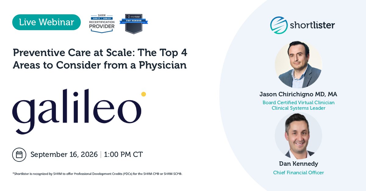 myshortlisterHC's tweet photo. 📢 Webinar info!
A successful preventive care strategy needs to consider questions that require both a clinical and financial perspective. Galileo brings together a physician and a finance leader to explore both sides of the equation.

Join us for more: https://t.co/YvZHqP3n2G https://t.co/zS6omLj16X