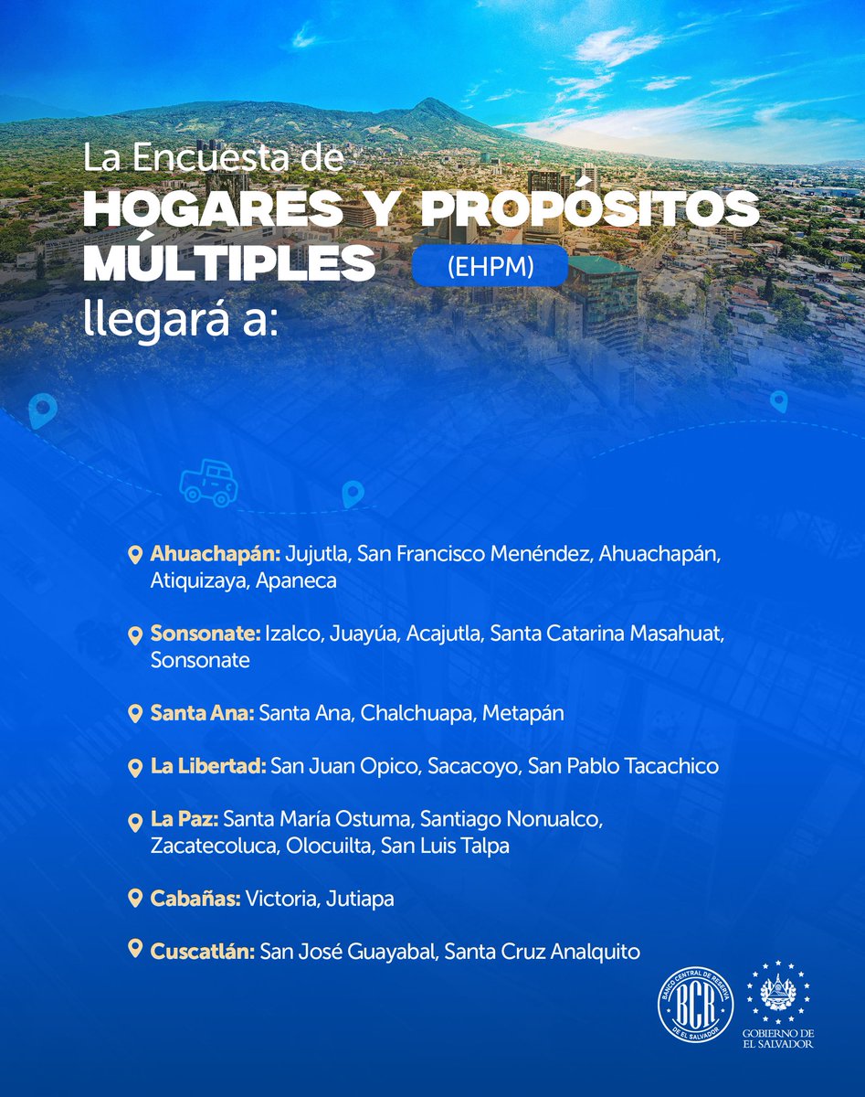 bcr_sv's tweet photo. 📢 Te compartimos la ruta de esta semana por parte de nuestros gestores de información para las encuestas de Precios, Económica, Turismo y Hogares de Propósitos Múltiples. https://t.co/DxQGNlhpBq