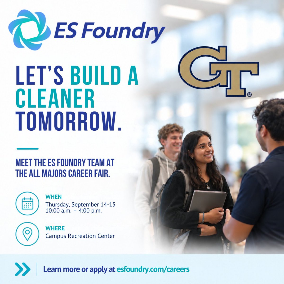 ESFoundry's tweet photo. @GeorgiaTech students — ready to build what’s next? Meet ES Foundry at the All Majors Career Fair, Sept. 14–15, 10 a.m.–4 p.m. at the Campus Recreation Center. Explore a career where you can make a difference.

https://t.co/mPVDyagyLS

#ESFoundry #GeorgiaTech #CareerFair https://t.co/YxoeZYkHBH