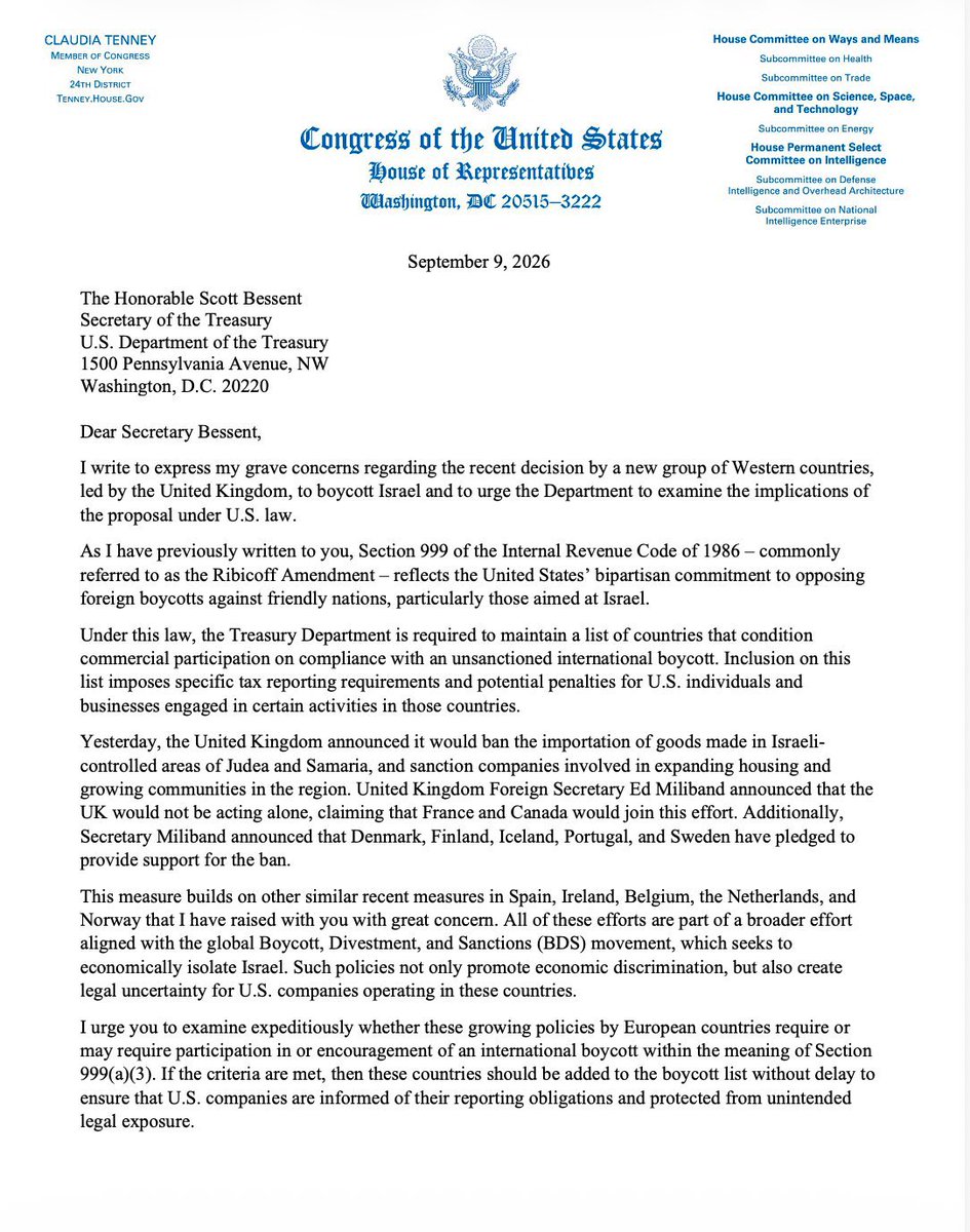 koshercockney's tweet photo. 🔴 BREAKING - Wow.
US Representative Claudia Tenney has informed US Treasury Secretary Scott Bassent to officially add the UK and other rallying countries to a Boycott List.
@RepTenney wrote:
“The UK is rallying countries to economically isolate Israel.
The United States must make clear that joining this effort comes with consequences.
Today, I urged @USTreasury Secretary Bessent to review these boycott measures under Section 999 and add every qualifying country to the international boycott list without delay!”
**
The American Government is NOT messing around now.
This is how allies look out for each other.
Unfortunately the Labour government has betrayed our allies in Israel and only shows weakness and capitulation to the Islamist mob.
Great work Labour you absolute disgraceful morons.
Completely isolating and embarrassing Britain on the world stage, with dire consequences.