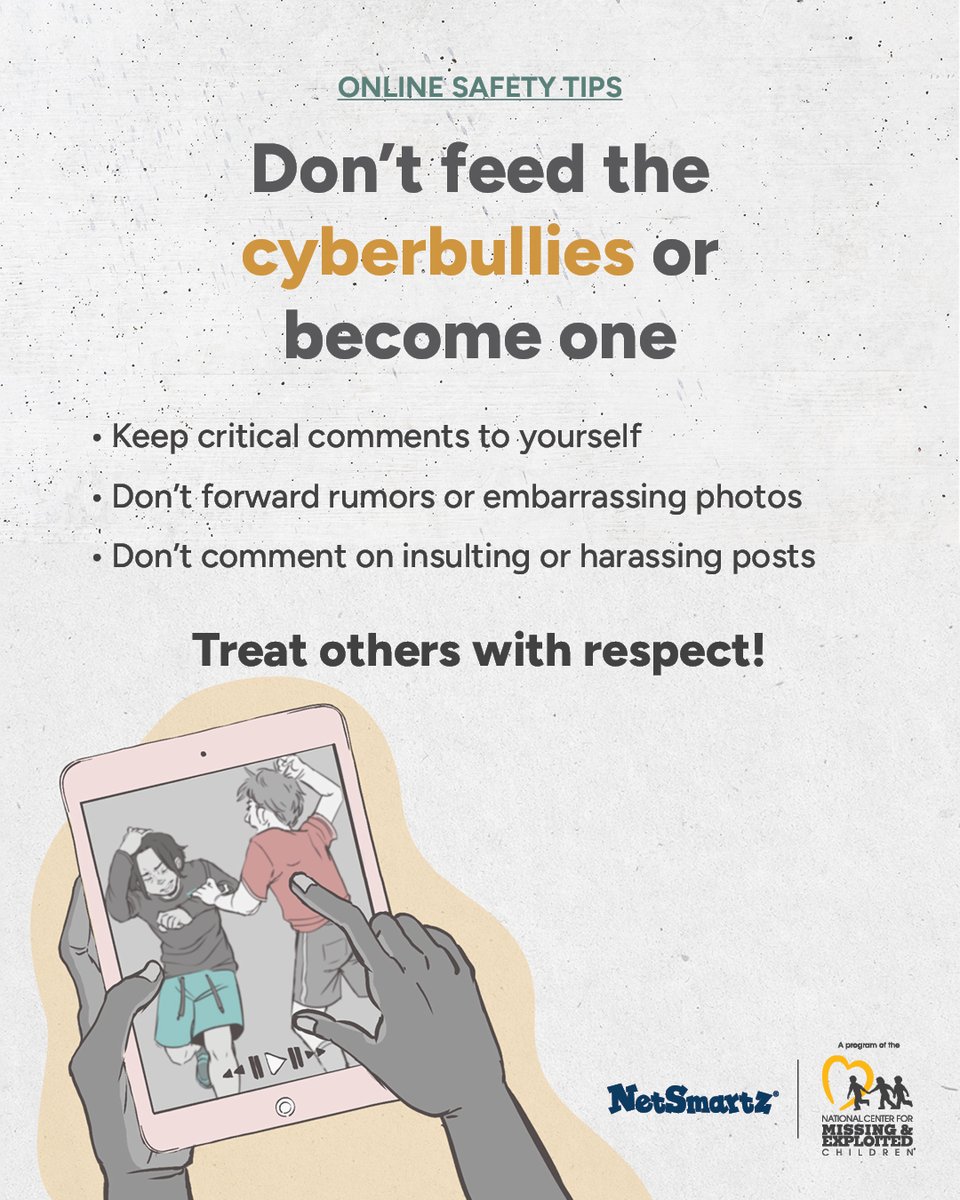 NetSmartz's tweet photo. Cyberbullying can follow kids beyond the school day.

Know the signs and help kids know what to do if they experience or witness it.

Get more tips: https://t.co/i7eE0mEIl5 https://t.co/zLGVYa8xlC