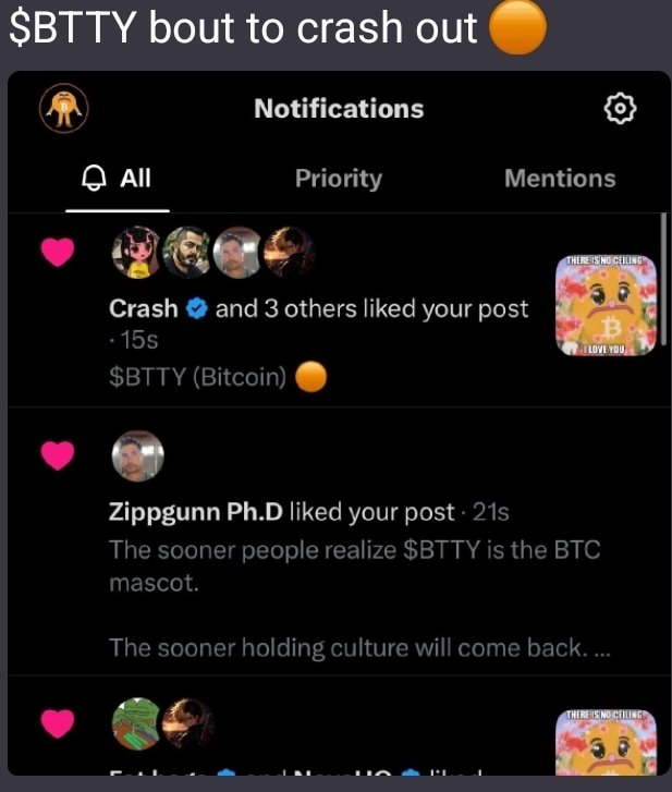 mrayoubixx's tweet photo. 🚨 You see what I see?
Verified accounts. Intellectuals. Ph.Ds.
Even Crash is tapped in.
The notifications don’t lie. The thesis is set: $BTTY $bitty brc20 is the official Bitcoin mascot.
'$BTTY bout to crash out 🟠' - the pump is here.
#BTTY #BTC #BitcoinMascot #CryptoFOMO https://t.co/kwBsJP3DSg