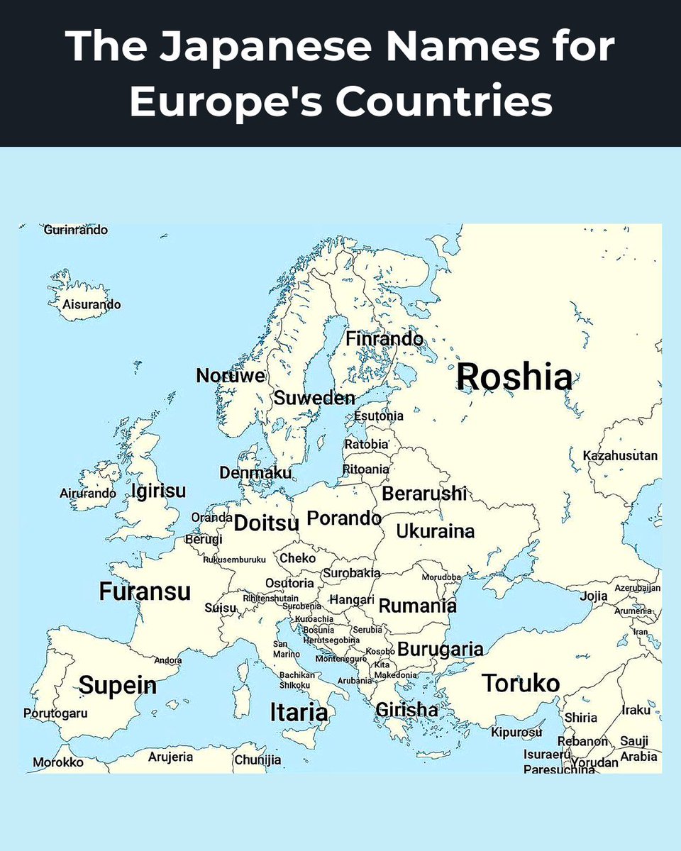 amazingmap's tweet photo. Japanese spells foreign countries by sound: Germany is Doitsu, from Deutschland, and Britain is Igirisu, borrowed from the Portuguese word for English long before any English contact. https://t.co/SQq5c7yg2G
