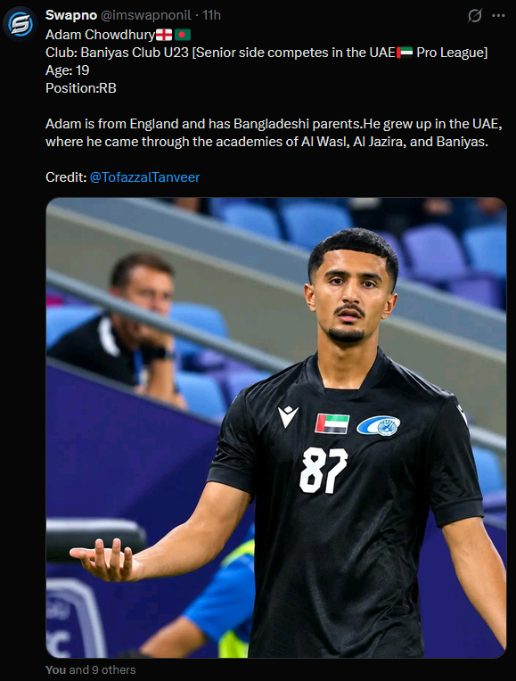 probashisoccer's tweet photo. 🆕 2 NEW PLAYERS ADDED!

Adam Chowdhury, 19, RB - Plays for 🇦🇪 Baniyas Club (UAE-1) U23. From 🏴󠁧󠁢󠁥󠁮󠁧󠁿 ENG, born to Bangladeshi parents.  

Ronnie Islam, 32, at 🇸🇪 Borås AIK
Futsal (SWE Futsal Tier 1)

Credits @TofazzalTanveer  &amp; @imswapnonil 

#BangladeshFootball https://t.co/e36h6LpXcz