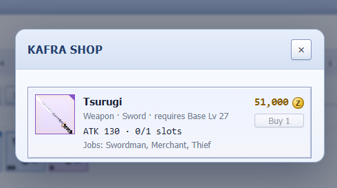Mdext67's tweet photo. Japanese swords really hit different! ⚔️🔥 Tsuruji is a clean pickup at 51,000 Z, with 130 ATK and 1 slot. Perfect for Swordsman, Merchant, and Thief players. Time to upgrade the build and keep grinding! 💪🐐 #IdleRO @IdleROGame https://t.co/R0bqFnkOYT