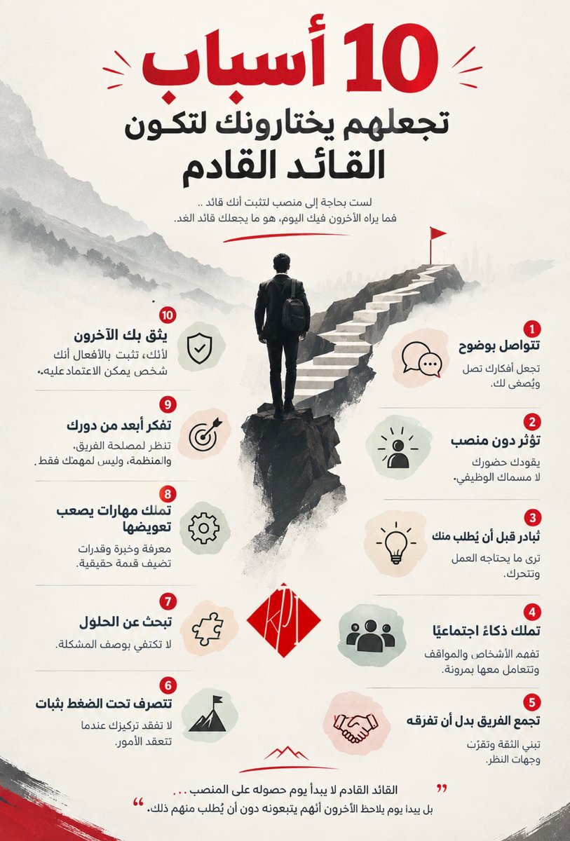 KPI2030's tweet photo. 🔸شخصية القائد

قدّم الحلول على المشاكل وانظر للصورة الكبيرة وتجاوز الخلافات !
ادعم زملاءك وساعد فريقك وانسب النجاح للجميع .
اتزن عندما تعمل تحت الضغط ،وحافظ على هدوئك في الأزمات .
تحمّل المسؤولية وكن أهلاً للثقة واعترف بأخطائك إذا حدثت وعالجها بحكمة. https://t.co/rCnuJRTgbx