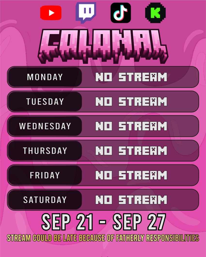 ColonalLive's tweet photo. This weeks stream schedule... Still no streams https://t.co/GX9o7NHBGy