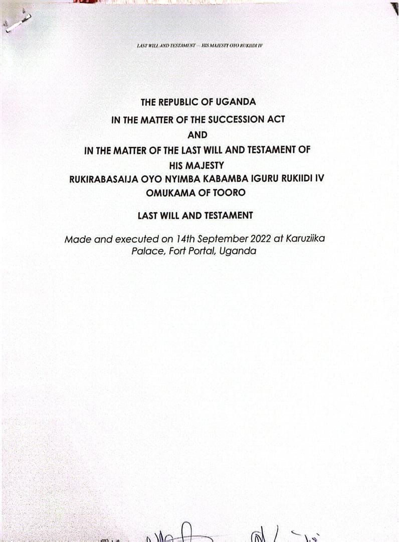 940TayariFM's tweet photo. The late Omukama Oyo Nyimba Kabamba Iguru Rukidi IV’s 2022 Will sets out a clear line of succession to the Tooro throne.

Under the Will, his son is designated as the first heir and successor to the throne. Should he be unable to assume the throne, succession passes in order to Prince Komwiswa Yoweri, followed by Prince Nyaika Solomon.
