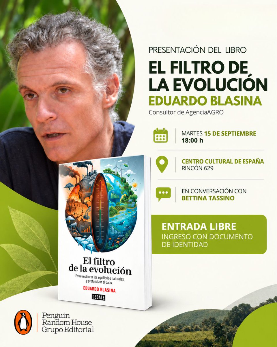 AgenciaAgro's tweet photo. 📖 Desde AgenciaAGRO acompañamos a Eduardo Blasina, consultor de nuestro equipo, en la presentación de su libro El filtro de la evolución.

🗓️ 15 de septiembre
🕕 18:00 h
📍 Centro Cultural de España, Uruguay

#AgenciaAGRO #EduardoBlasina #Sustentabilidad https://t.co/Hi6VxV0n7d