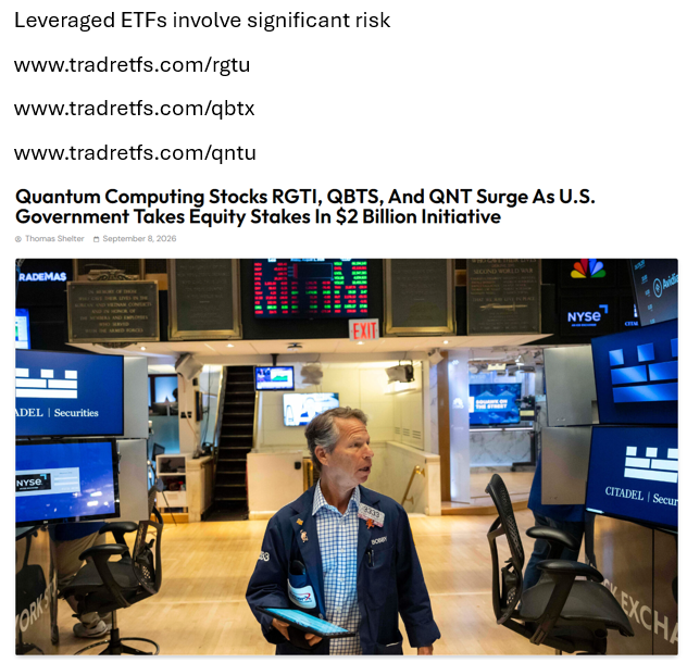 Barchart's tweet photo. Quantum stocks $RGTI, $QBTS, and $QNT jumped yesterday after the U.S. took a $100 million stake in each of them 🚨 If you think the rally continues and want magnified exposure, consider these 2X Long ETFs: $RGTU (Rigetti), $QBTX (D-Wave), and $QNTU (Quantinuum) from @TradrETFs https://t.co/AHKerXvaCM