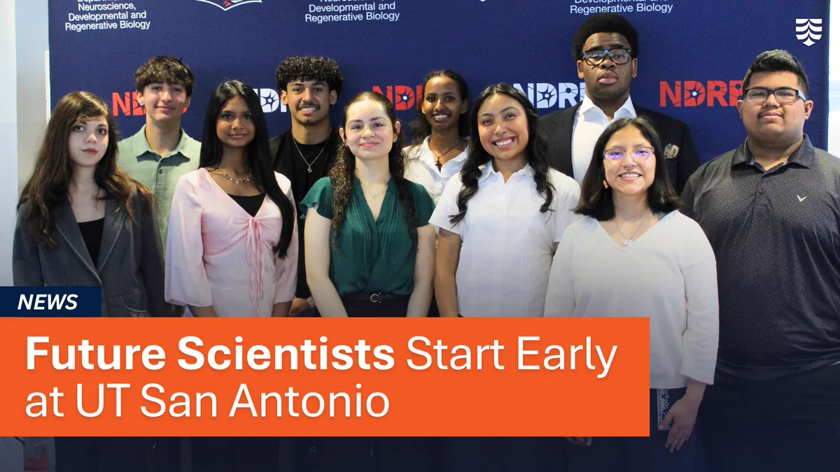 A group of individuals poses in front of a backdrop with the logos for UT San Antonio. A banner at the bottom reads, "Future Scientists Start Early at UT San Antonio."