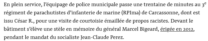 campvolant's tweet photo. Quelle surprise ! Les policiers racistes de Carcassonne aiment Marcel Bigeard et sont bien copains avec les paras du 3e RPIma, anciennement le 3e RPC de Bigeard, le régiment qui pratiqua la torture et les exécutions sommaires de façon industrielle en Algérie. 

Mediapart: https://t.co/gLWn9xdCuv