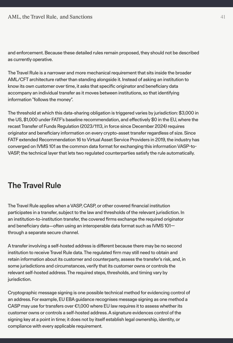 bitcatnabil's tweet photo. People mix AML, the Travel Rule, and sanctions like they are the same. They are not.

I read the @WalletConnect Policy & Compliance Report 2026. This is the simple version.

AML = know the person 
A company must know who the user is and watch them over time. It is not just one payment check.

Travel Rule = data moves with the money.
When money is sent, the sender and receiver info must go with it.

US: $3,000
FATF: $1,000
EU: almost every transfer

This gets hard when one side is a self-custody wallet. There is not always a second company to send the data to.

Sanctions = a block list.
If an address is on the list, it is blocked. Size of the payment does not matter.
One number that matters
FATF said in 2026 that stablecoins were 84% of dirty crypto volume in 2025. So if we want stablecoins for real payments, checks must happen before the money moves.

DeFi question ❓
 
If there is no middle company, what do you even regulate?
Not by turning every app into a bank. Put the checks at the door: who can use the token, limits in the wallet, simple rules around the code. Pure wallet-to-wallet with no company in the middle stays outside that.

Keep self-custody. Just make the safe path easy.

Full report:
https://t.co/cLytwbcVTF