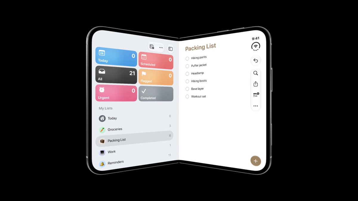 wellscode's tweet photo. Here is the Reminders app on iPhone Duo. Notice how when you fold the device in, the sidebar and main area occupy one half each... https://t.co/xPyac4Noim