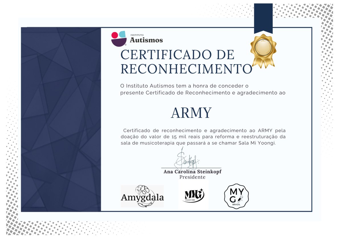 mygteambr's tweet photo. Em reconhecimento à generosidade do ARMY e de todas as pessoas que contribuíram para tornar esta doação ao Instituto Autismos uma realidade, expressamos nosso eterno agradecimento.

Este Certificado de Reconhecimento, emitido pelo Instituto, é uma forma de homenagear essa corrente de solidariedade.
Em nome do Yoongi, estamos ajudando a transformar vidas e fazendo parte da história de muitas famílias.

Muito obrigada 💜🫂

#FuturesGonnaBeOkay