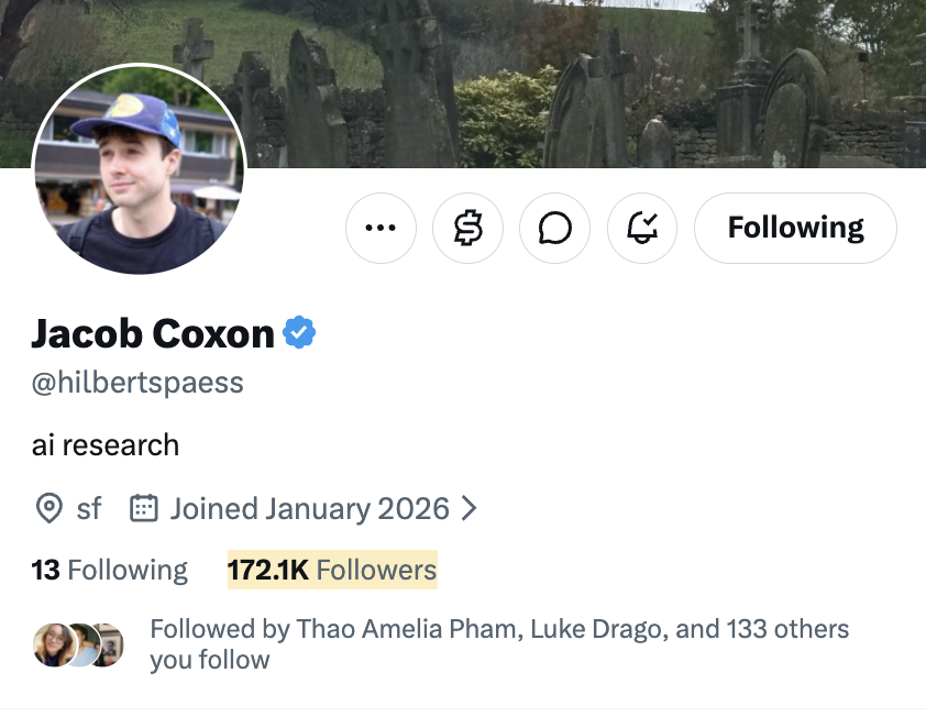 chrislakin's tweet photo. Wow Jacob Coxon's account gained ~170,000 followers in a day https://t.co/7MNMqzdvpb