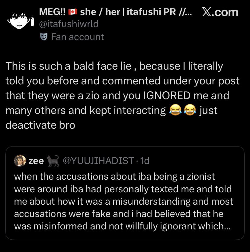 meowlyuuji's tweet photo. @YUUJIHADIST are you tweeting all this out of spite because one person out of hundred people called you out happened to be a megumi and itafushi fan? why are you acting like this whole thing is a personal attack to you when you arent even close with iba ʕʘ‿ʘʔ why make it personal https://t.co/3nXaDKgNYF