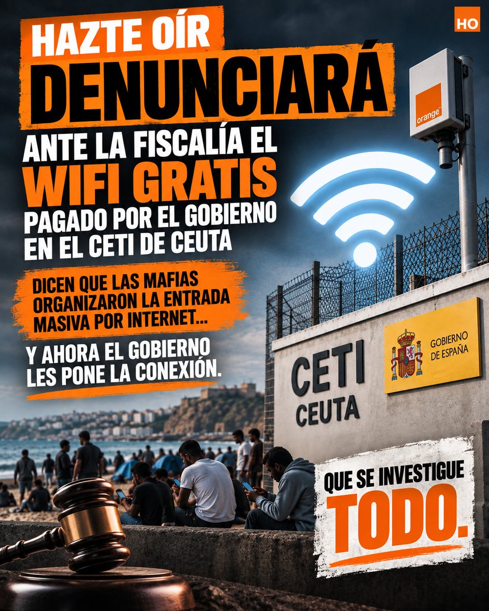 hazteoir's tweet photo. 🚨 URGENTE / INVASIÓN DE CEUTA

⚖️ HAZTE OÍR DENUNCIARÁ ANTE LA FISCALÍA EL WIFI GRATIS PAGADO POR EL GOBIERNO EN EL CETI.

👉 El Gobierno dice que las mafias organizaron la entrada masiva por redes sociales…

📡 Y ahora pone conexión gratis en la zona.

🔎 Exigiremos saber QUIÉN lo autorizó, QUIÉN lo paga y si la red está siendo utilizada para coordinar nuevas entradas.

🔥 QUE SE INVESTIGUE TODO.
