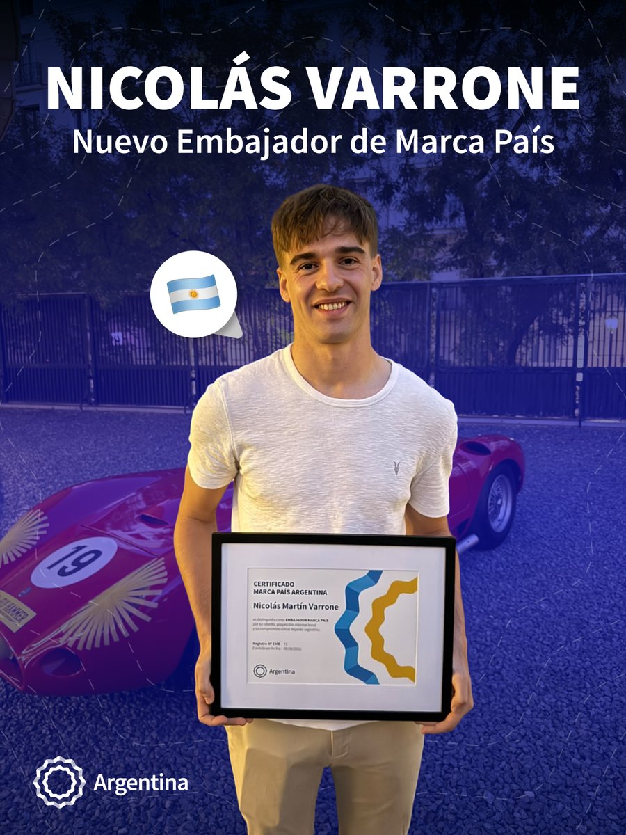 marcapaisar's tweet photo. Del karting a Le Mans. De Le Mans a la Fórmula 2.

@NicoVarrone sigue llevando el talento argentino a las pistas del mundo.

Hoy lo distinguimos como Embajador de Marca País, en reconocimiento a su trayectoria y desempeño en el automovilismo internacional.

¡Vamos, Nico! 🇦🇷 https://t.co/LkCbjPfZEj