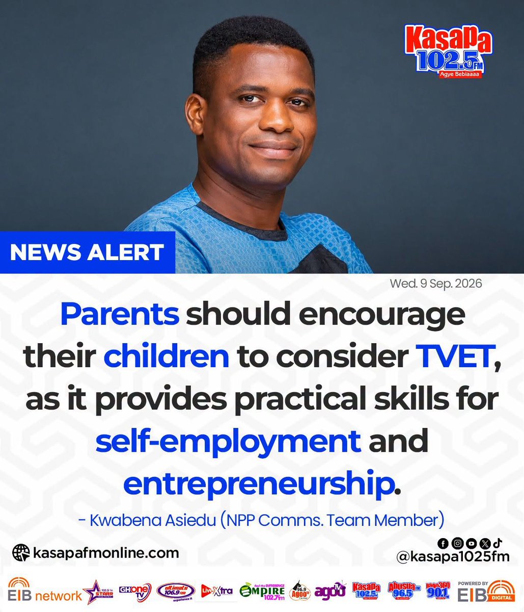 starr1035fm's tweet photo. Parents should encourage their children to consider TVET, as it provides practical skills for self-employment and entrepreneurship... - Kwabena Asiedu (NPP Comms. Team Member)
#EIBNetwork #StarrFM
#GHOneTV #NewsAlert
#KasapaFM https://t.co/6hByLEpXHJ