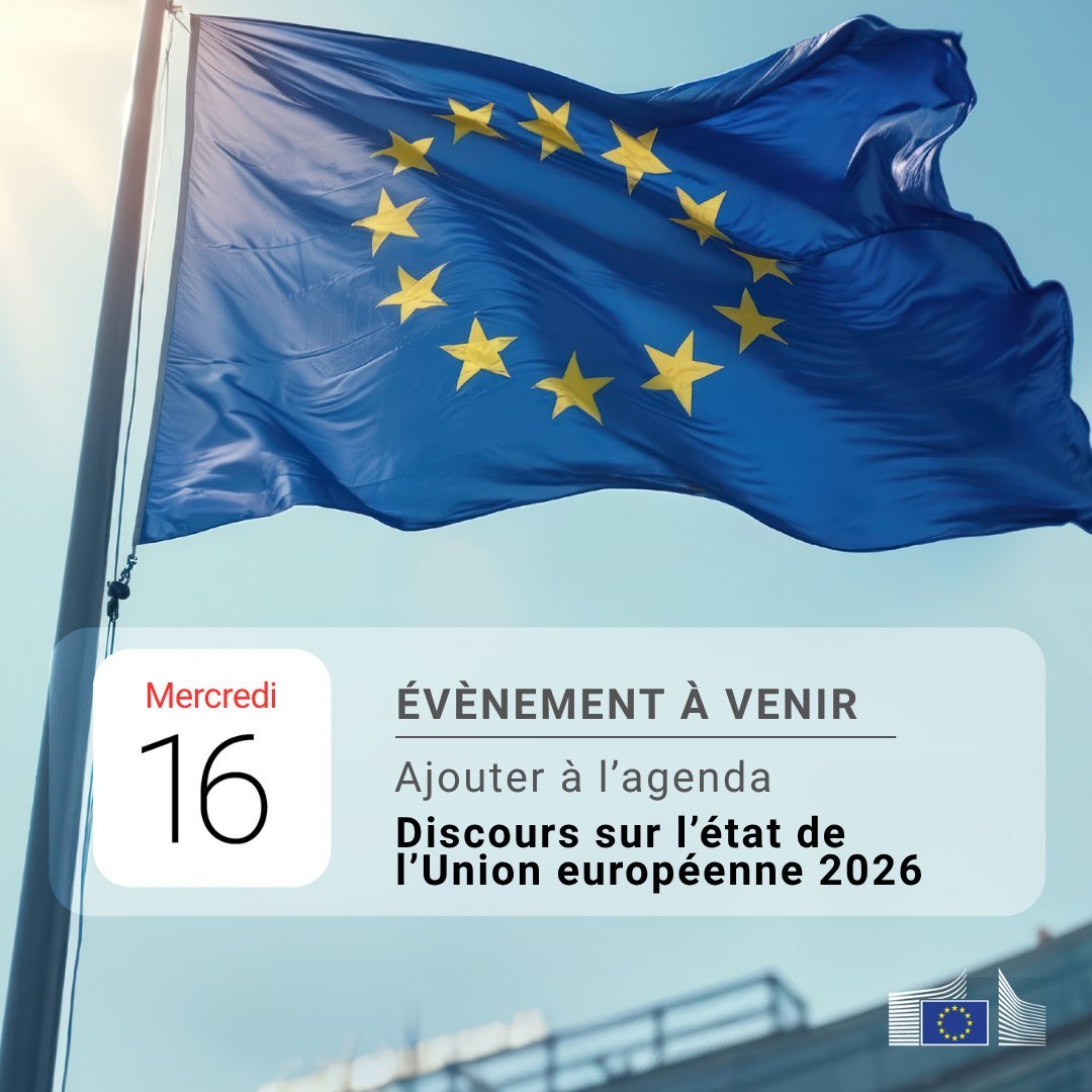 UeRepduCongo's tweet photo. 🇪🇺 Plus qu’une semaine avant le #SOTEU2026 !
📅 Rendez-vous le 16 septembre pour le discours sur l’état de l’Union européenne.
Ursula von der Leyen présentera les priorités de l’UE et sa vision pour l’année à venir.
🌐 Suivez le #SOTEU: https://t.co/RHph0IOtNR https://t.co/9j3aTQuaS5