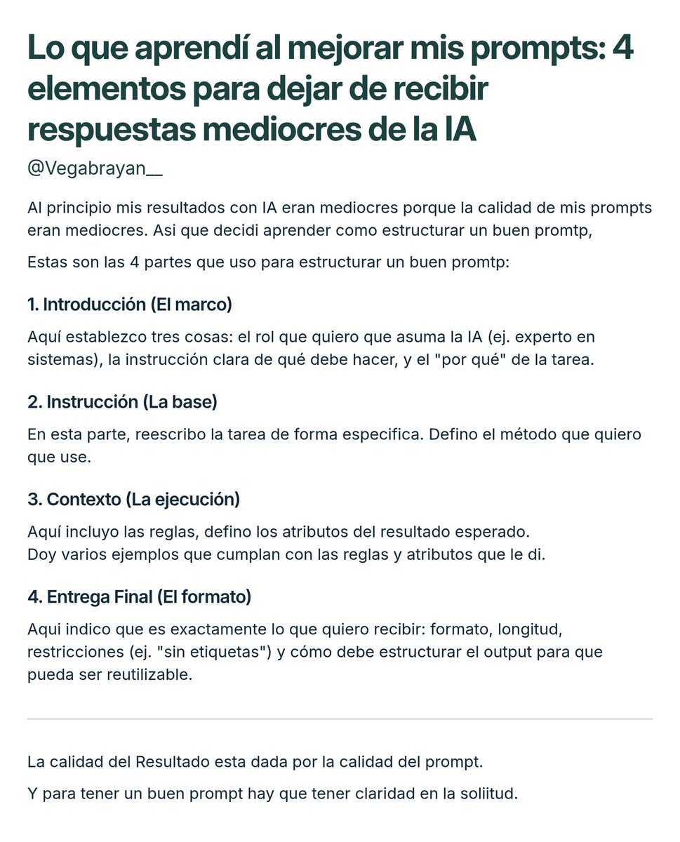 _vegabrayan's tweet photo. El problema nunca fue la herramienta.

Antes pensaba que el LLM era lo importante, pero lo importante es la claridad de la solicitud

Pdta: Es importante iterar después de la primera respuesta para corregir errores y optimizar el prompt https://t.co/5408PXGzVh