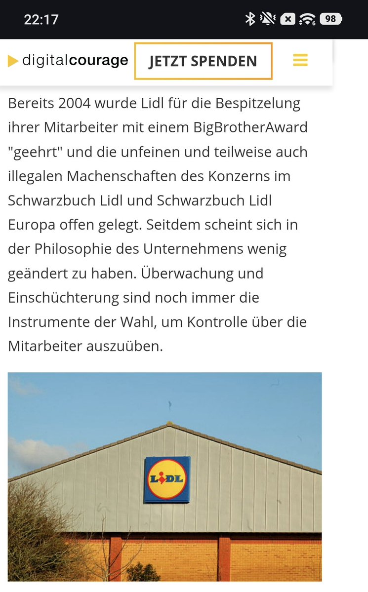 Ahrifucks's tweet photo. Da ich momentan viel Lidl Werbung überall sehe, Friendly Reminder, dass Lidl ihre Mitarbeiter auspioniert hat (2004)

hier der Ganze Artikel
https://t.co/5E8qdl8eYG https://t.co/9GrjZZ1ARY
