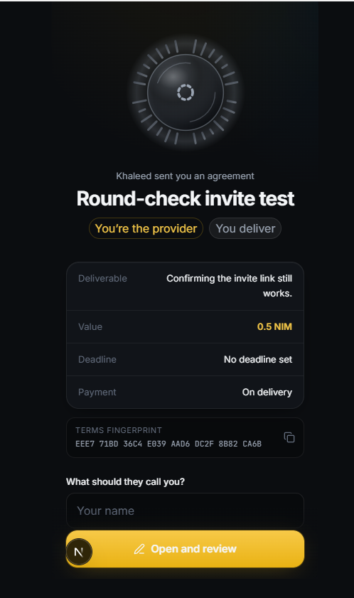 makeclipbag's tweet photo. Built PACT for the Nimiq Mini Apps Competition. It turns a spoken deal into terms both sides sign with their real Nimiq wallet, an actual signature, not a checkbox. Payment goes straight wallet to wallet. No escrow, no custody. Try it: https://t.co/iYmGHePvXj https://t.co/HacLzocpyo