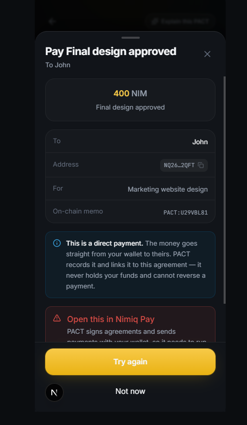 makeclipbag's tweet photo. Built PACT for the Nimiq Mini Apps Competition. It turns a spoken deal into terms both sides sign with their real Nimiq wallet, an actual signature, not a checkbox. Payment goes straight wallet to wallet. No escrow, no custody. Try it: https://t.co/iYmGHePvXj https://t.co/HacLzocpyo