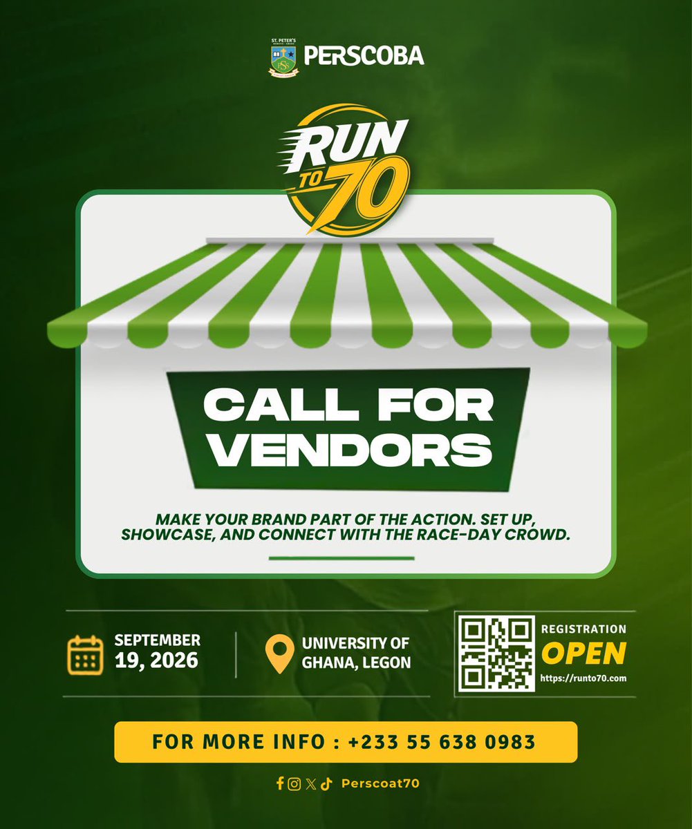 Perscoat70's tweet photo. This is your chance to showcase your brand, connect with a vibrant audience and be part of the journey to our 70th Anniversary.

Vendor Spot Reservations 
Call or WhatsApp : +233 55 638 0983

Spaces are limited - secure your spot now 

#Perscoat70
#70ishere
#iamperscoba https://t.co/ZdfYEhp5zh