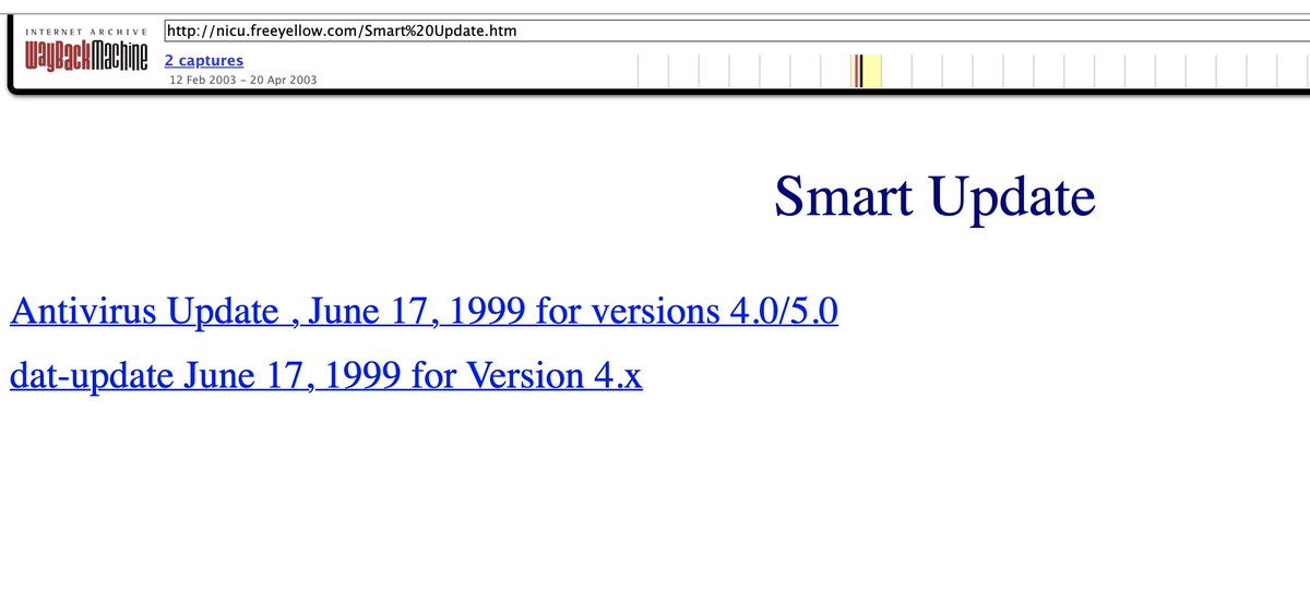 nicolaenmv's tweet photo. @internetarchive I was clearly into anti-viruses in 1999 ;o)
Looks like Symantec and McAfee updates were important if it's under "Smart Update" ; ) https://t.co/9mzhA3wrvN
