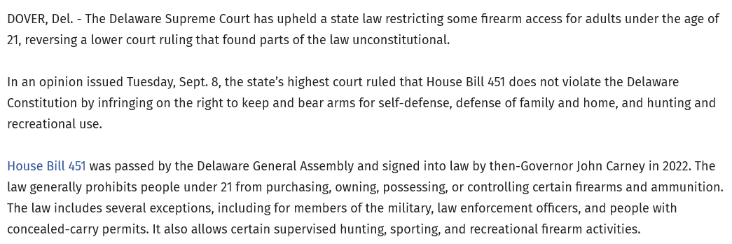 Nover2A's tweet photo. Can Delaware disarm young adults, preventing them from exercising the right to self-defense? Delaware's Supreme Court says yes. https://t.co/qOzzOTOX1I