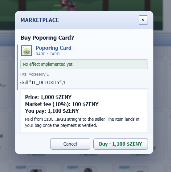 Qazpy84's tweet photo. Poring Card spotted for just 1,000 Zeny + 10% market fee. Total: 1,100 Zeny. It says “No effect implemented yet,” but that Detoxify skill is looking interesting. Would you cop it anyway? 😭
#IdleRO @IdleROGame https://t.co/5ZQS6LE194