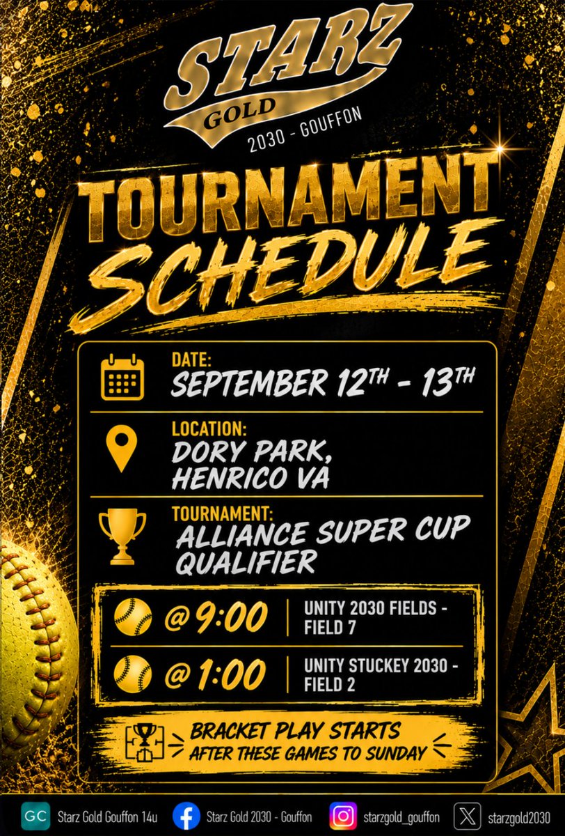 StarzGold2030's tweet photo. 🥎 Opening weekend is here!
Excited to kick off our fall season at the Alliance Super Cup Qualifier. The girls have put in the work and are ready to compete. 🖤💛
#StarzGold #FallBall #Softball https://t.co/dtLUM1Dh0i