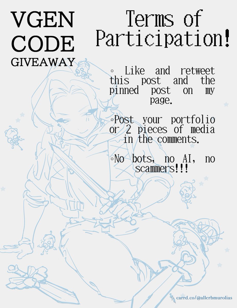 allerbmurolias's tweet photo. ⊹🦑Vgen Code Giveaway!⊹

Over the next 4 days, I’ll gradually go through the profiles and (while enjoying the art you've created), I’ll choose 1 person who must have a Vgen account so we can communicate and I can send the code!
⊹♡◝(ᵔᗜᵔ)◜♡⊹
#VGenCode #VGen #VGenGiveaway https://t.co/yPW23lKgXk