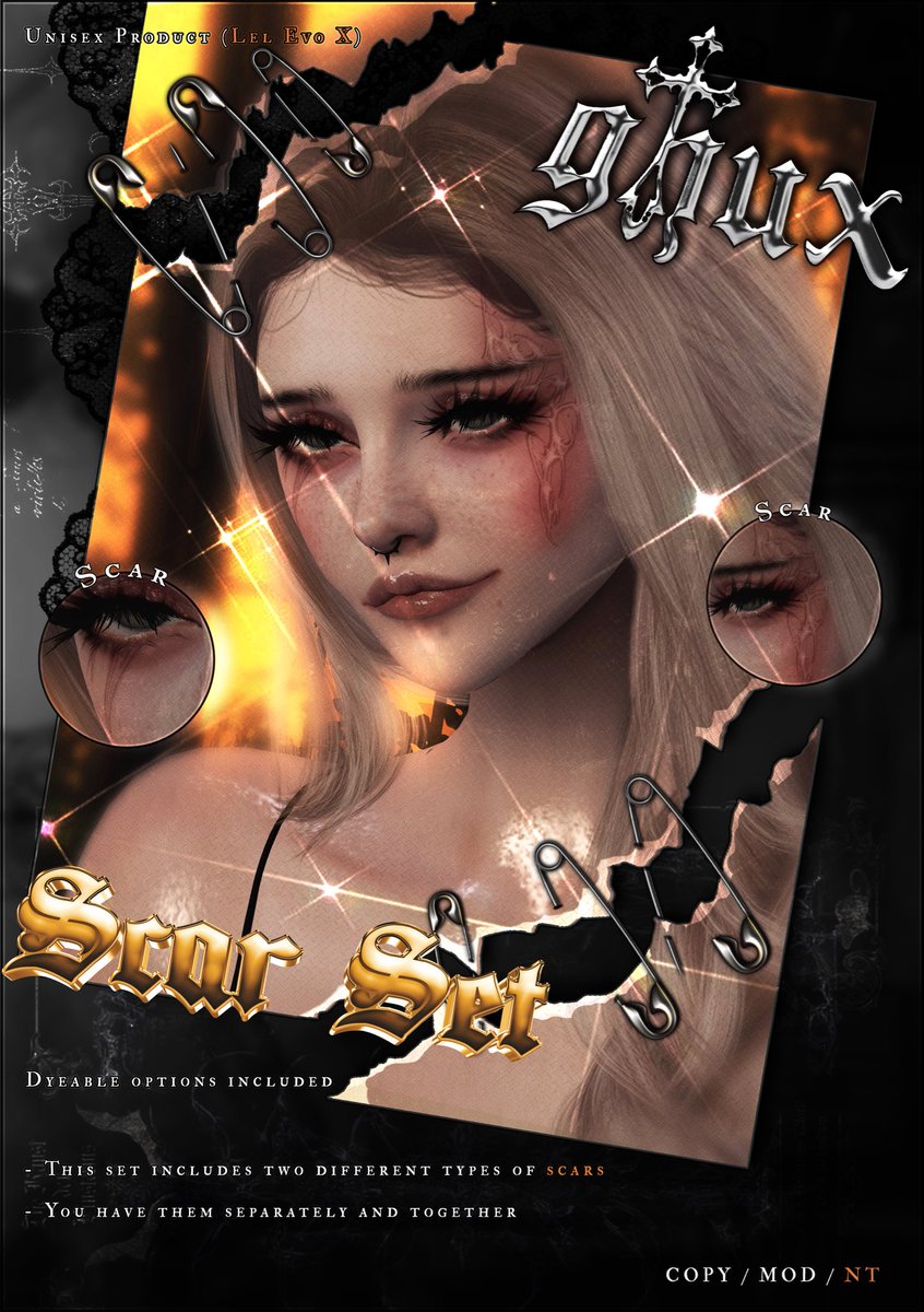 GhuxStore's tweet photo. GH. Scar Set

✣ This set includes two different types of scars 

✣ Unisex

✣ You can use them together or separately

✣ You can change its color
✣AVAILABLE DISTURBED EVENT✣
https://t.co/xeXaOjzYVz
Event Opening: 8th at 10am STL
Event Close: 29th at 10am STL

✣COPY/MOD/NT✣ https://t.co/Ygyii0l6RL