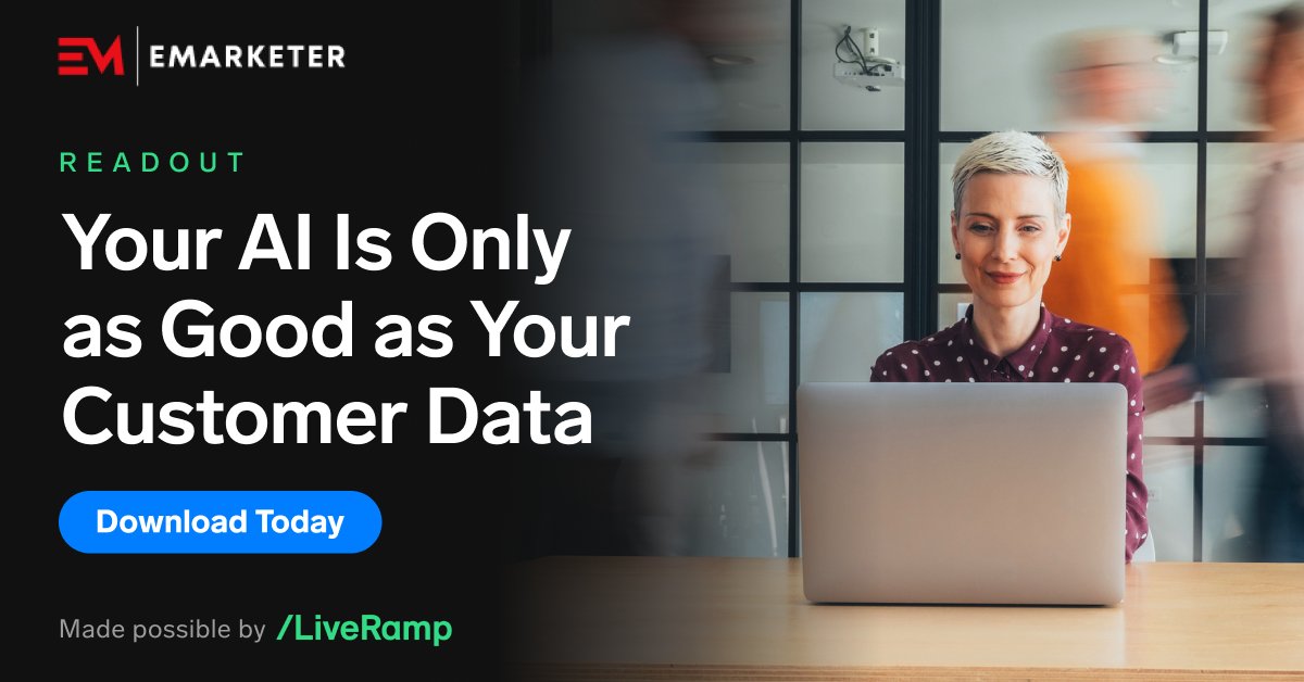 eMarketer's tweet photo. Your customer watched on CTV, browsed on a phone, and bought in a store. See why identity has become the constraint on AI-era marketing in a new EMARKETER report, made possible by @LiveRamp.

Download Today: https://t.co/VuMpOrtbVQ

#IdentityResolution #AgenticAI #CustomerData https://t.co/g4LtFtmUor