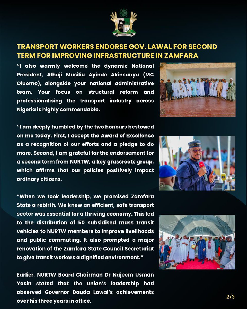 GHouseMediaHub's tweet photo. TRANSPORT WORKERS ENDORSE GOV.
LAWAL FOR SECOND TERM FOR IMPROVING INFRASTRUCTURE IN ZAMFARA https://t.co/n5aDeZPyA5