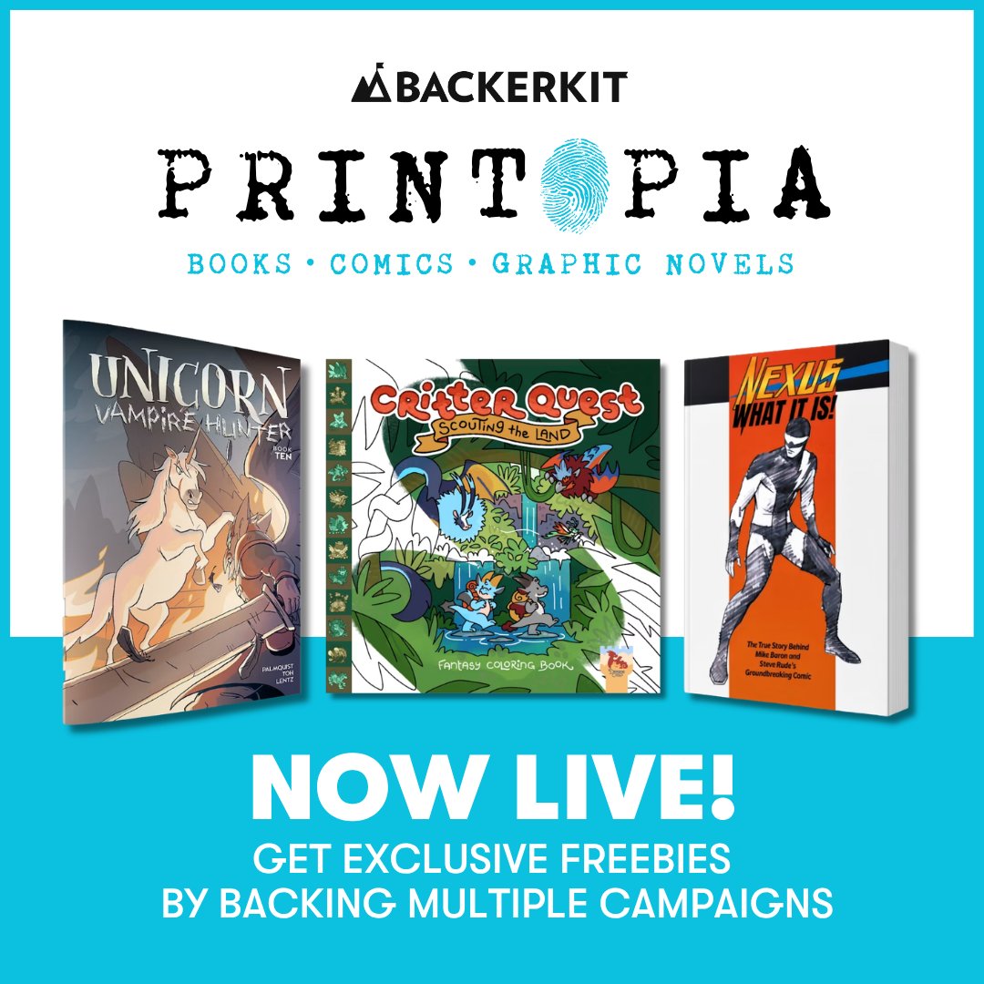 BackerKit's tweet photo. Printopia 2026 is LIVE! 📚 

Books, comics &amp; graphic novels from a huge lineup of creators crowdfunding together, Sept 10–Oct 1. Back 3+ projects in a banner for a free digital zine, or back a Cross-Collab pair for bonus freebies. 

Explore now: https://t.co/Hk5dNMI2ec https://t.co/RKS4cOsHsB