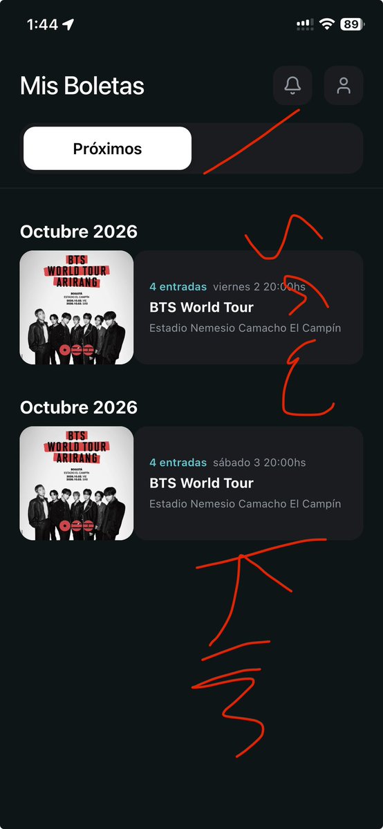 isawkimbts's tweet photo. Hola a todos, vendo mis entradas para los conciertos de BTS en Colombia del 2 y 3 de octubre. Debido al fallecimiento de mi hermana mayor, ya no podré asistir 😭💔🥹 Por favor, envíenme un mensaje directo si les interesa…😭💔💜💜

#BTS_WORLDTOUR_ARRIANG
#BTS_WORLDTOUR_ARIRANG_BOGOTA