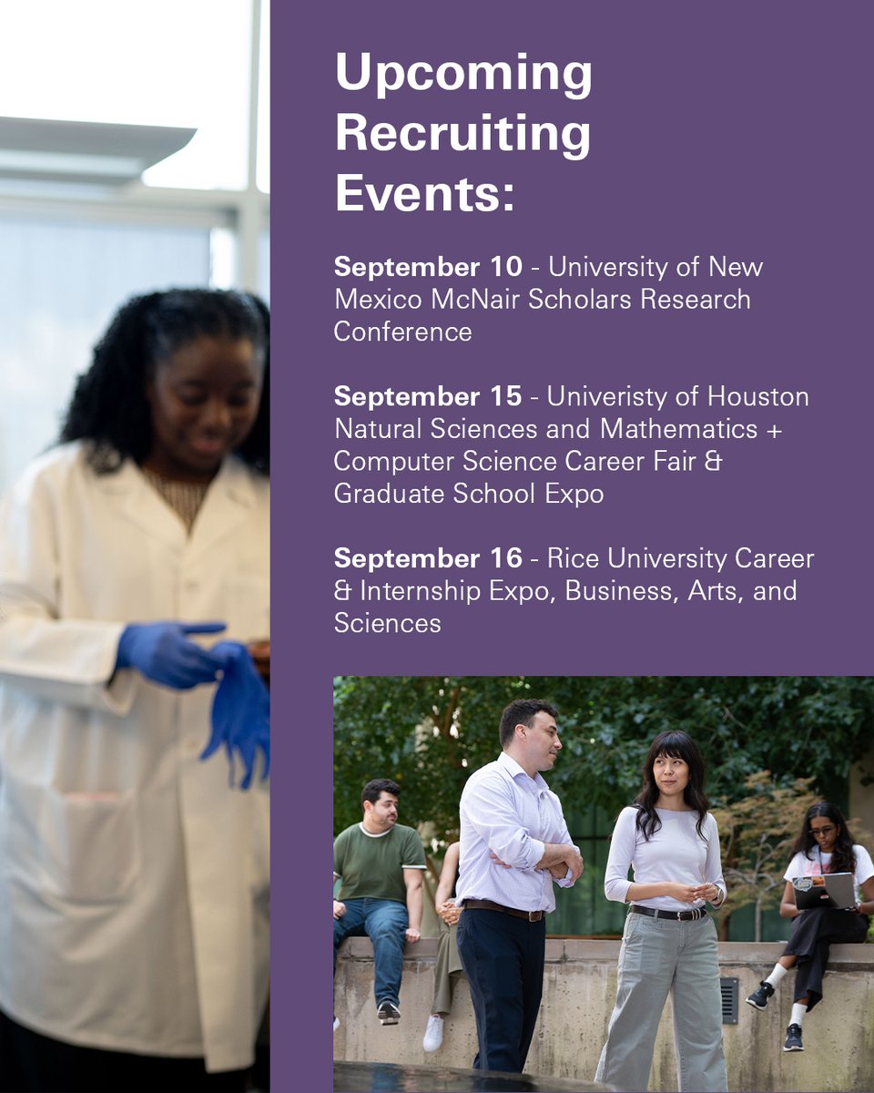 MDA_UTHGrad's tweet photo. A graduate education is shaped by more than the research you pursue. It’s the mentors who challenge you, peers who bring different perspectives, opportunities to explore new directions, and a community that helps you grow along the way.
 
Talk with recruiters and student ambassadors from The University of Texas MD Anderson Cancer Center UTHealth Houston Graduate School of Biomedical Sciences to learn more about our programs and admissions.
 
We’ll be at recruiting events throughout the fall. Find an upcoming event and connect with us: https://t.co/23M4sqSzd3
 
#WeAreGSBS #BiomedicalScience #GraduateSchool