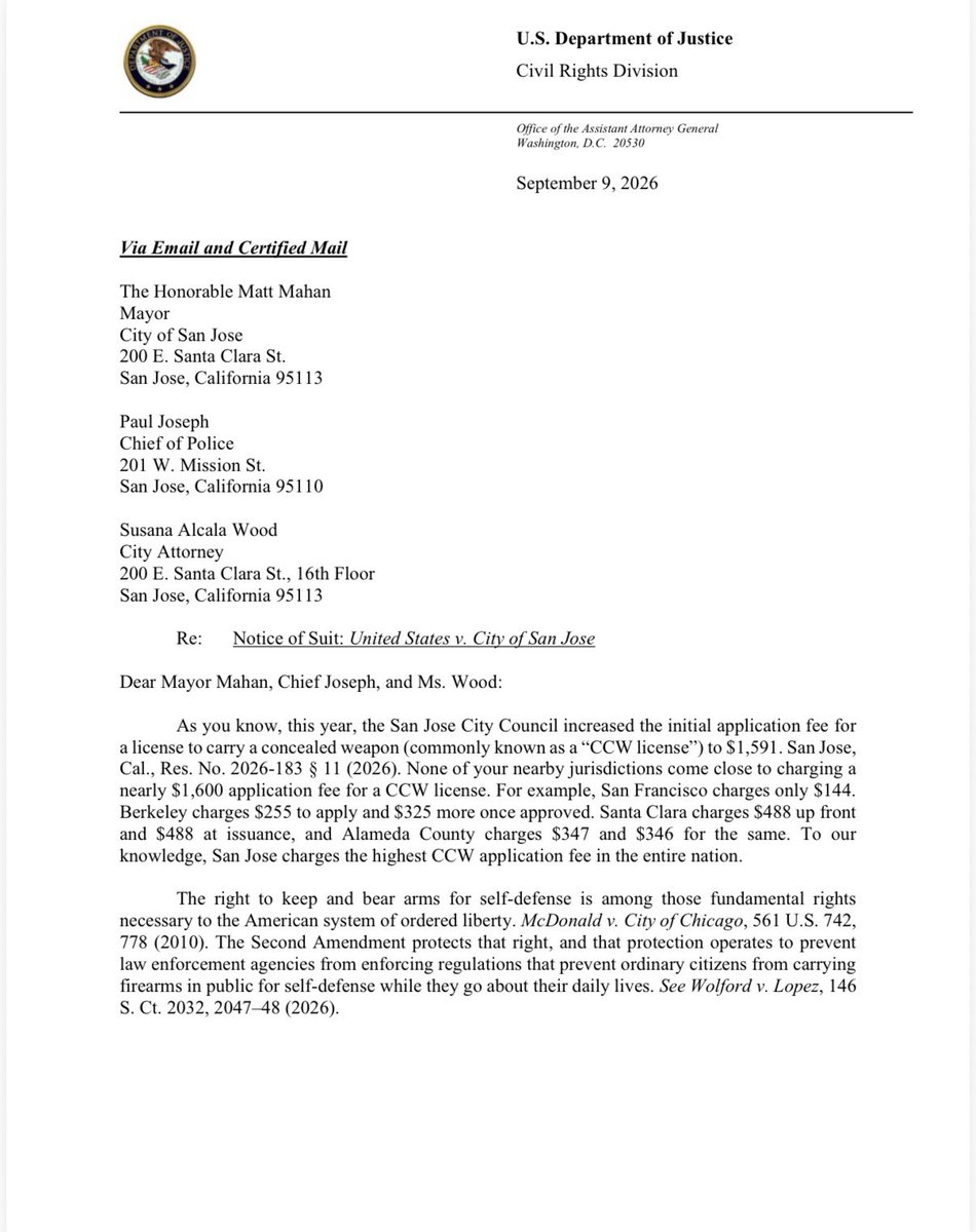 AAGDhillon's tweet photo. Constitutional rights aren’t for sale. Charging $1,600 to carry a firearm outside the home is unconscionable and unconstitutional. The @CivilRights Division is working hard to protect San Jose’s residents from Second Amendment violations! https://t.co/fo6PWRZGcY