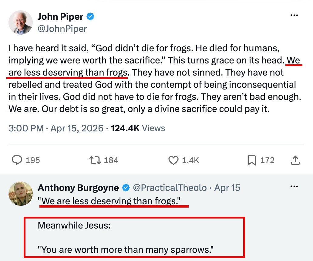 CherylSchatz's tweet photo. John Piper: “We are less deserving than frogs.”

Jesus: “You are worth more than many sparrows.” Matthew 10:31

Who should we believe? Jesus or John Piper?

The Calvinist emphasizes how undeserving we are. Jesus reminds us of our value to God.