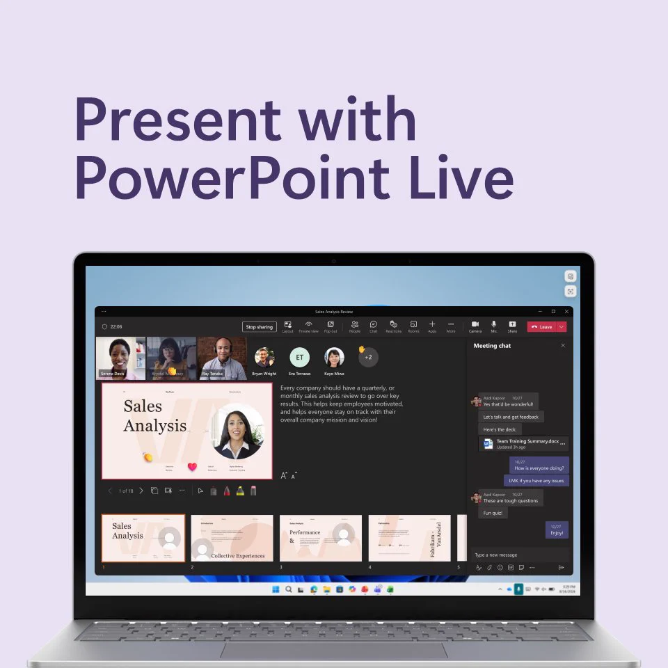 Text above a laptop running PowerPoint and Microsoft Teams says Present with PowerPoint Live.