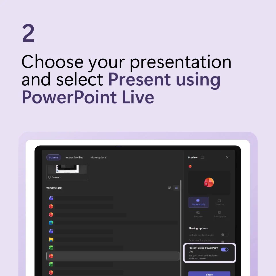 Text above the share menu in Microsoft Teams says Choose your presentation and select Present using PowerPoint Live.