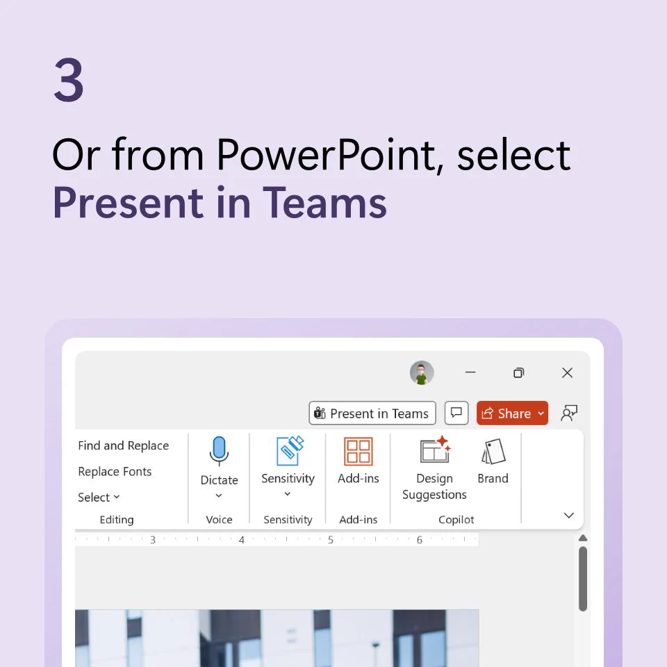 Text above a partial screenshot of PowerPoint says “or from PowerPoint, select Present in Teams”.