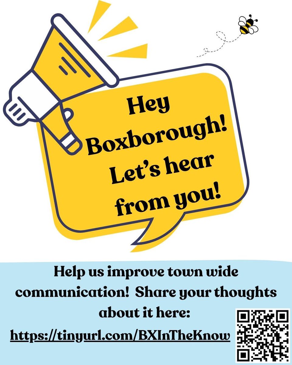 BoxboroughMA's tweet photo. 📣 Hey, Boxborough! Let’s hear from you!

How can the Town improve communication with residents? What information do you want to receive, and how would you like to receive it?

Share your thoughts and help us improve town-wide communication:
👉 https://t.co/4Q1yVjBO05 https://t.co/vkKJRYctHJ