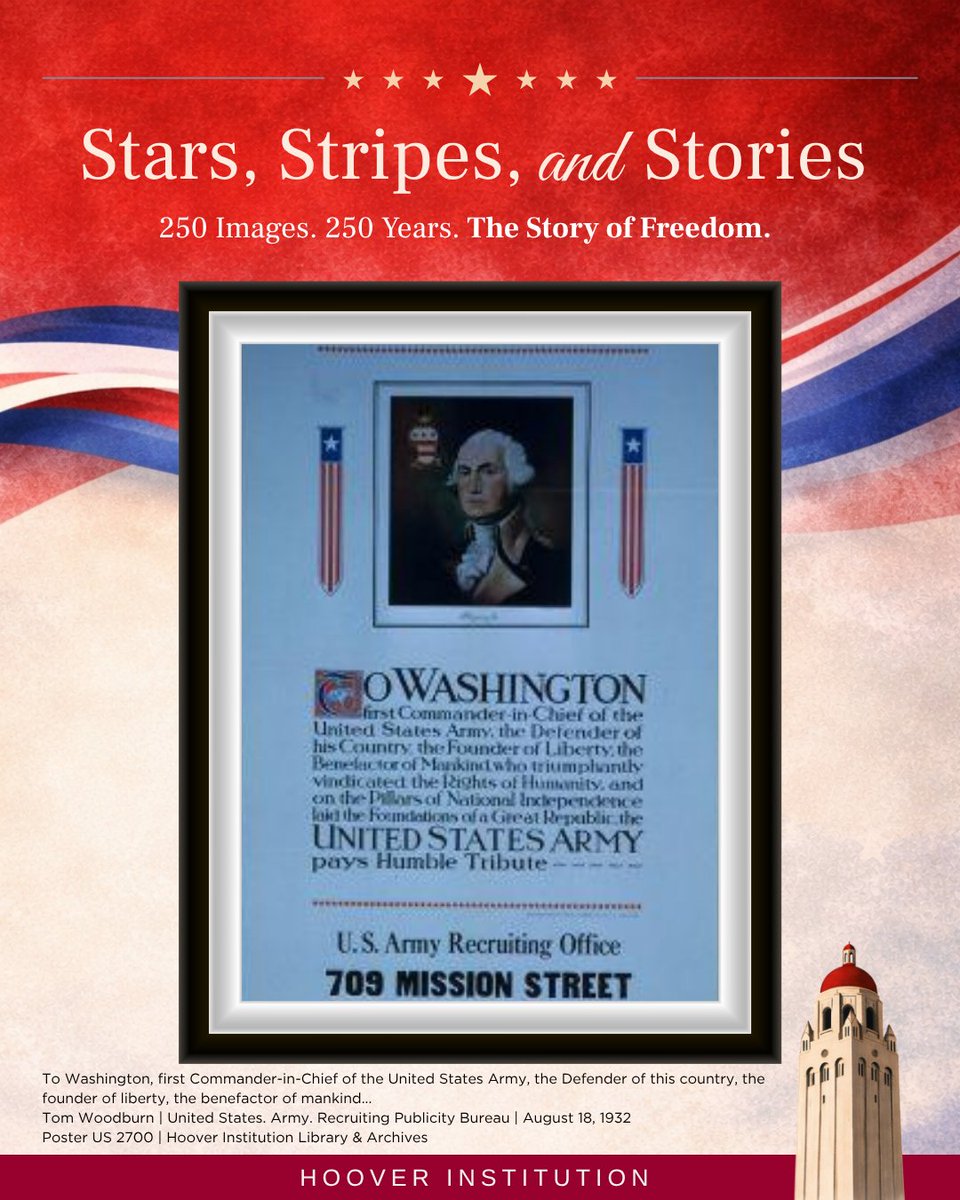 HooverInst's tweet photo. This poster, created in 1932, is a U.S. Army recruitment poster designed by American artist and U.S. Army Major Tom Woodburn. Featuring a portrait of George Washington, the poster honors his legacy as the nation's foremost military leader. Its use of Washington's image linked contemporary military service to the nation's founding ideals, encouraging enlistment as a way for Americans to uphold the traditions and values upon which the U.S. Army was founded.

The American Story. One Image at a Time.

For more on USA@250, visit: https://t.co/1RLRSvebDM